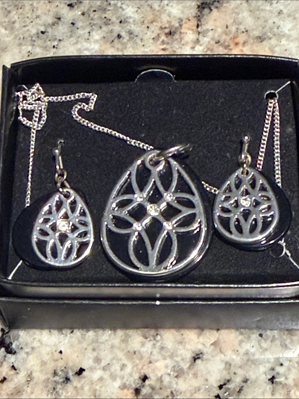 Silver Filigree Teardrop Necklace and Earrings Set - Silver